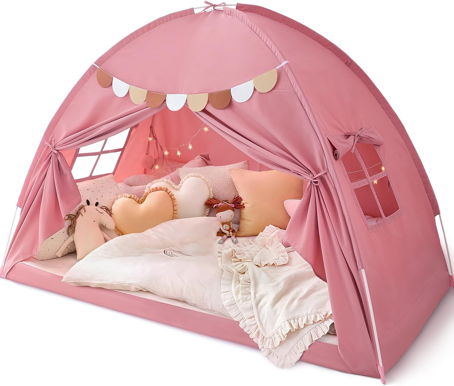 Bed Tent Twin, Bed Canopy for Kids Girls, Tents Toddler Portable Sleeping Tents Indoor, Pink Bunk Canopy Floor Playhouse for Twin Size Bed for Birthday Toy House Gift
