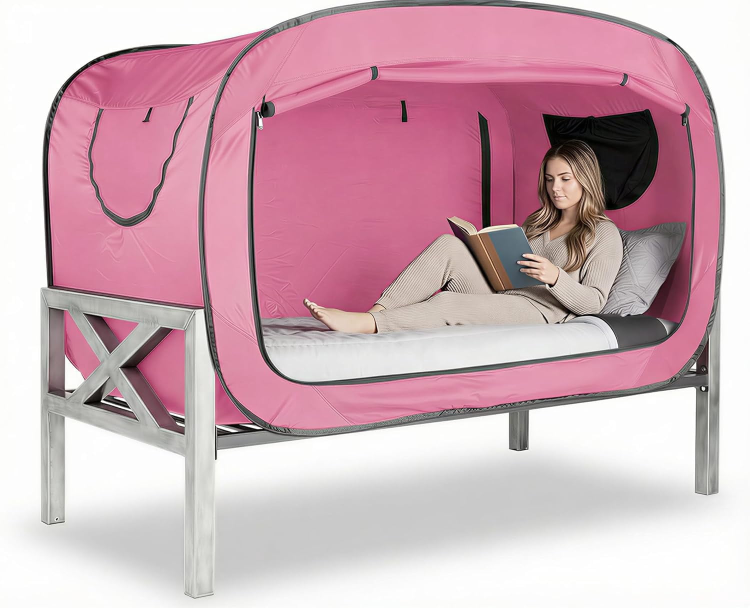 Bed Tent Twin Bed Canopy Portable Dream Tent for Adult Indoor Sleeping Tents with 2 Doors Breathable Private Space Tents, Pink