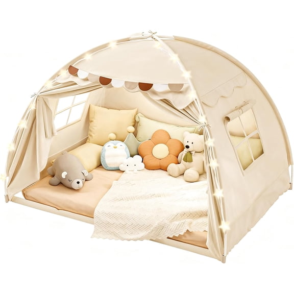 Bed Tent Twin for Kids, Toddler Bed Tent Indoor, Bed Canopy for Girl with Flags & Star Lights, Portable & Foldable Teepee Playhouse Outdoor, 78.7x39.4x47.2in, Cream