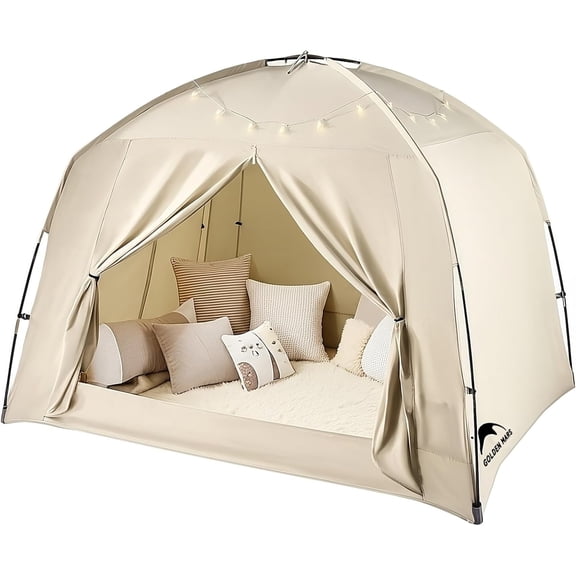 Bed Tents for Kids and Adult, Portable 100% Breathable and 85% Blackout Toddler Dream Play Tent, 3 Doors Privacy Space Sleeping Canopy for Indoor Floor or Twin Full Queen Sizes Bed (Khaki, Full-Size)