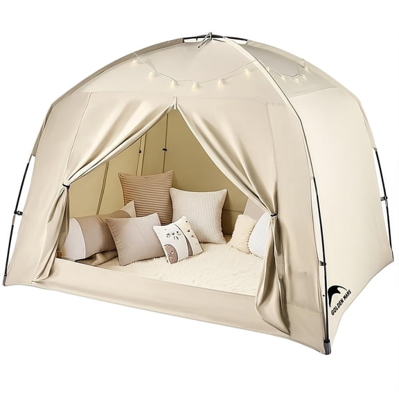 Bed Tents for Kids and Adult, Portable 100% Breathable and 85% Blackout Toddler Dream Play Tent, 3 Doors Privacy Space Sleeping Canopy for Indoor Floor or Twin Full Queen Sizes Bed (Khaki, Full-Size)