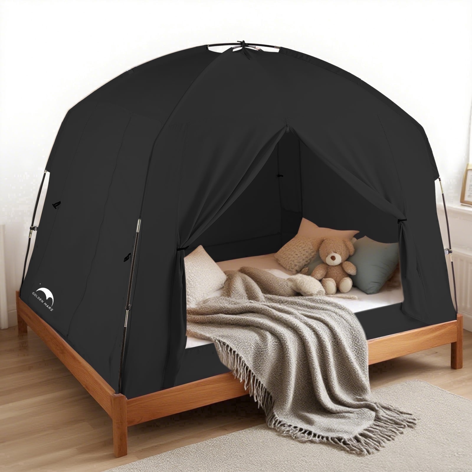 Bed Tents for Kids and Adult Portable 100% Breathable and 93% Blackout Toddler Dream Play Tent 3 Doors Big Privacy Sleep Canopy(Black, Twin-Size)