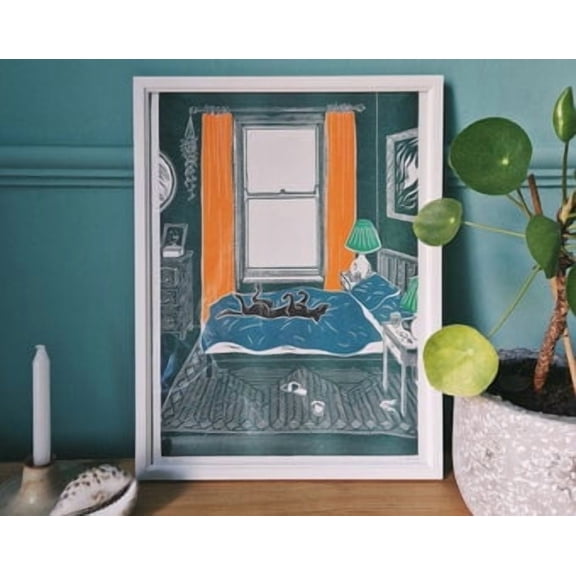 Bed Thief A3 Risograph Print From An Original Lino Cut Print Print Poster , Poster Print Only