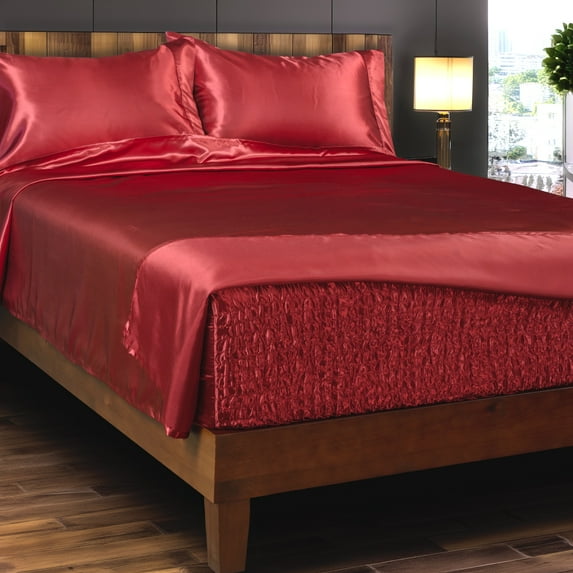 Smooth Satin BedTite Sheet Set, Full, Burgundy – Wrinkle-Resistant, Deep Pocket, Soft & Secure Fit