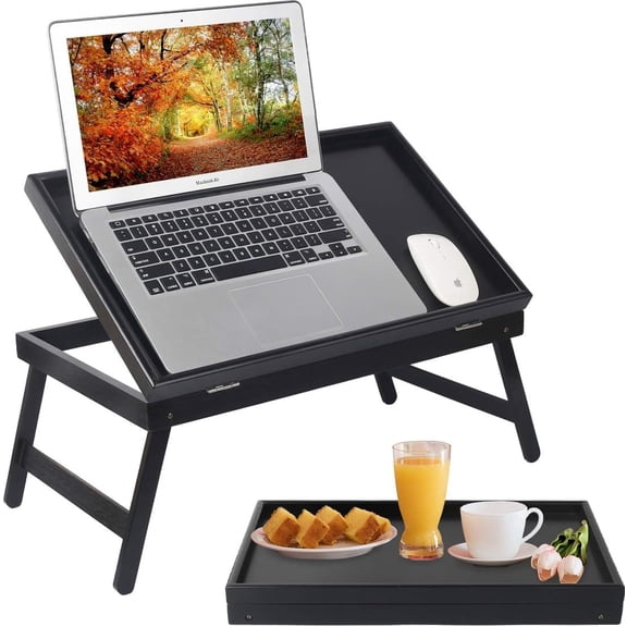 Bed Tray Table Breakfast Food Tray with Folding Legs Kitchen Serving Tray for Lap Desks Notebook Computer Bed Platters TV Snack Tray, Adjustable (Black)