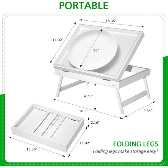 Bed Tray Table Breakfast Food Tray with Folding Legs Serving Tray for Computer Laptop Desk Bed Platters TV Snack Tray by (White, Medium)