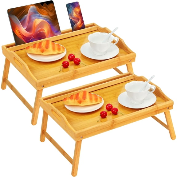 Bed Tray Table Breakfast Trays Serving Tray Adjustable Height for Eating Bamboo Bed Laptap Floding Legs with Handles and Phone Holders