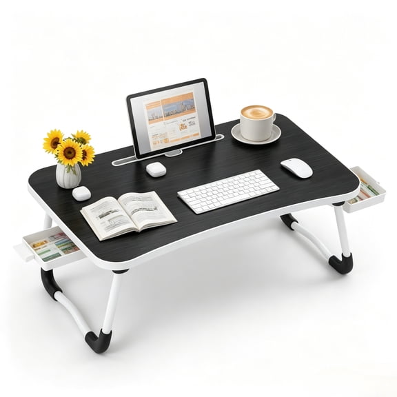 Bed Tray Table with Foldable Legs, Laptop Desk for Bed Sofa – Breakfast Serving Tray with Cup Holder, Book Holder, Storage Drawer, Multi-Function Lap Desk for Work, Reading & Eating