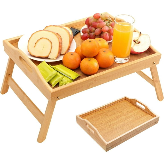 Bed Tray Table with Folding Legs, 19.6"x11.8" Bamboo Breakfast in Bed Tray for Eating and Working, Foldable Lap Tray Serving Tray with Handles, Tablet Laptop Computer Snack Tray for Recliner