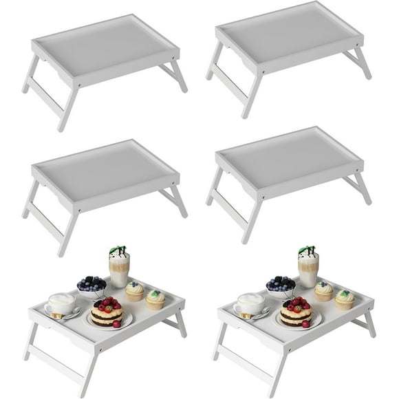 Bed Tray Table with Folding Legs, Bamboo Breakfast in Bed for Kitchen Serving Tray, Sofa, Eating, Used As Laptop Desk Snack Tray (6 Pack, White Color)