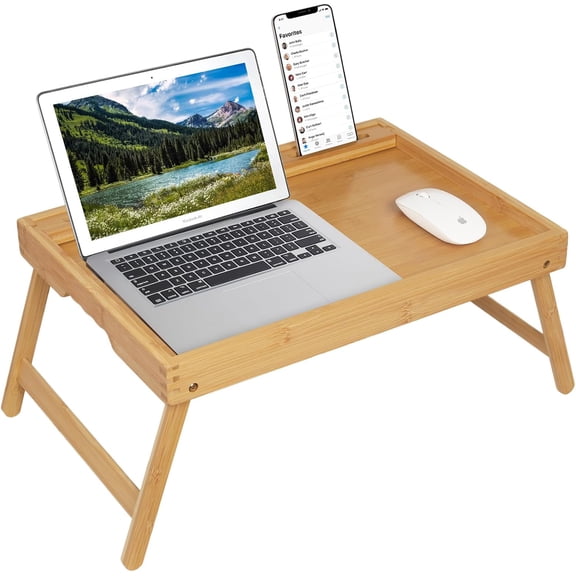 Bed Tray Table with Folding Legs, Bamboo Breakfast Food Tray with Media Slot, Use As Platter, Laptop Desk, Snack, TV Tray Kitchen Serving Tray (Bamboo Extra-Large Size)