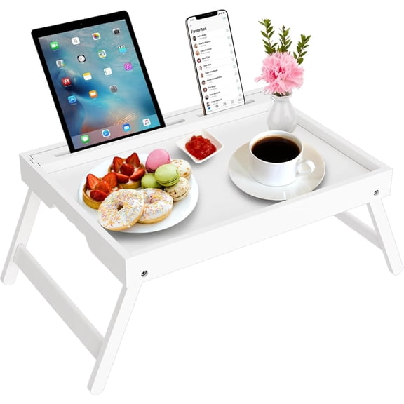 Bed Tray Table with Folding Legs, Bamboo Breakfast Food Tray with Media Slot, Use As Platter, Laptop Desk, Snack, TV Tray Kitchen Serving Tray, Breakfast Trays, Bed Trays