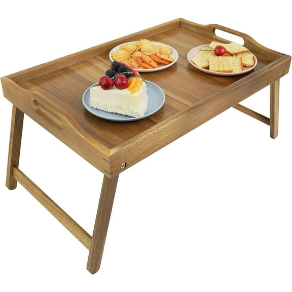 Bed Tray Table for Eating, Large Breakfast Tray with Folding Legs, Wood Serving Trays for Laptop Working