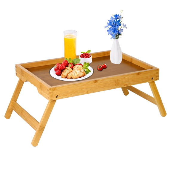 Bed Tray Table for Eating with Folding Legs, Bamboo Breakfast Table in Bed for Eating on Couch, Bed, Laptop Computer Tray(1 Pack Bamboo, Medium)