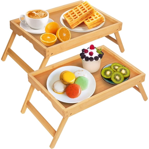 Bed Tray Table with Folding Legs,Bamboo Breakfast in Bed for TV Table, Laptop Computer Tray,Eating,Snack Tray Black 2 Pack