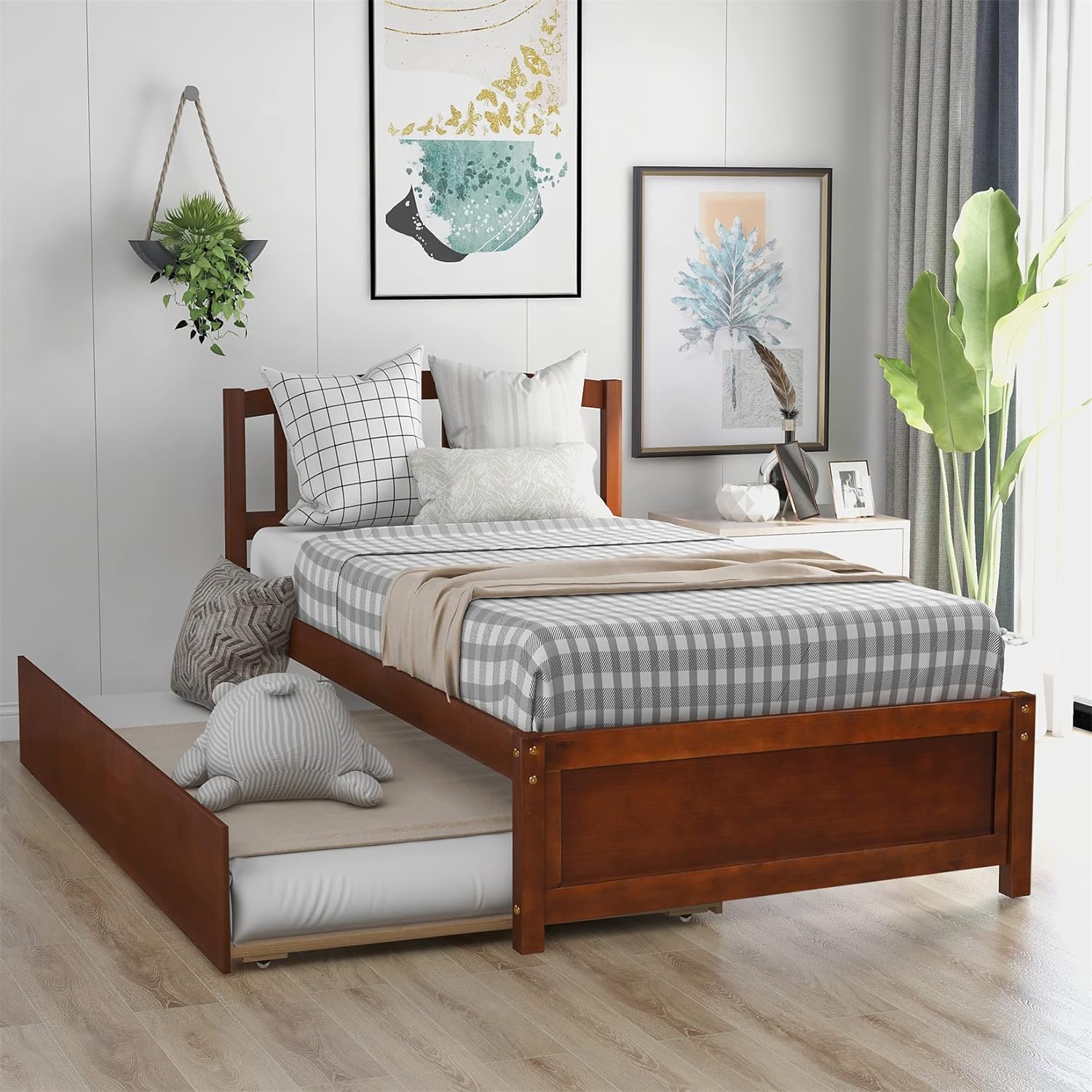 Bed with Trundle Wooden Platform Frame Headboard Solid Wood Captain