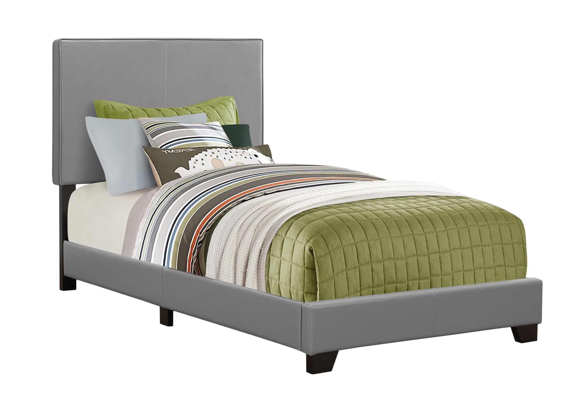 Transitional Twin Panel Bed in Grey Leather with Wood Frame