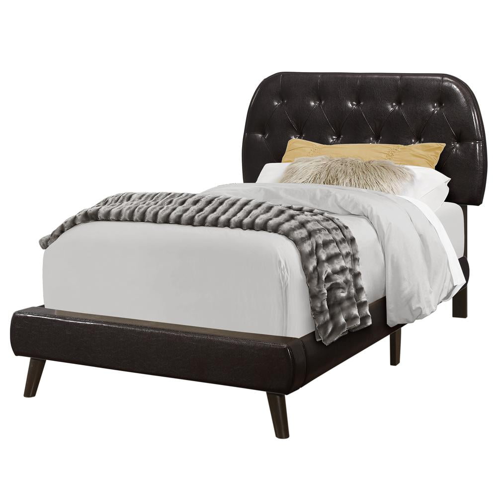 Contemporary Twin Platform Bed in Dark Brown Leather with Wood Legs