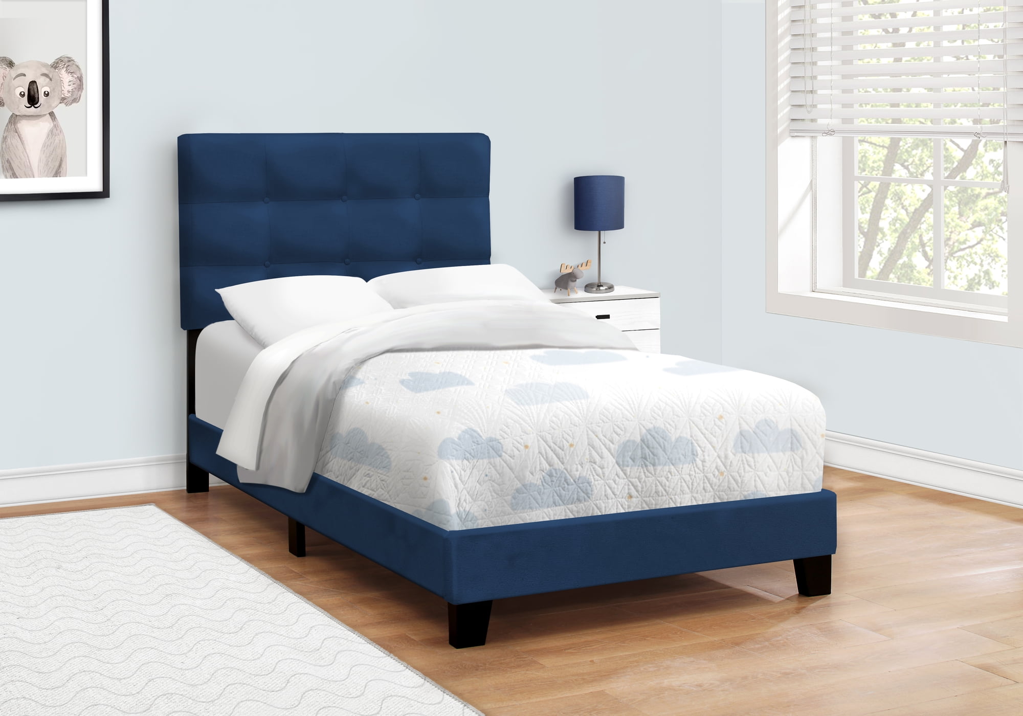 Blue upholstered twin bed discount