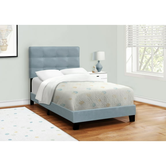 Bed, Twin Size, Upholstered, Bedroom, Frame Only, Youth, Teen, Juvenile, Light Blue Velvet, Transitional