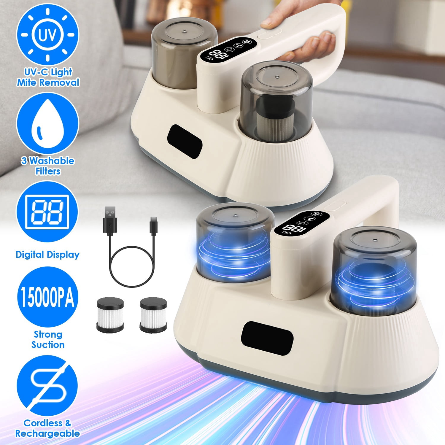 Bed Vacuum Cleaner with UV-C Light and 72000 Times Tapping for Mite Removal
