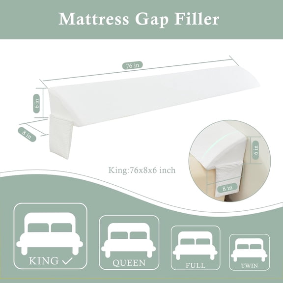 Bed Wedge Gap Filler King Size 76x8x6 Inch Foam Pillow with 2 Side Pockets for Headboard Gap 0-8 Inches