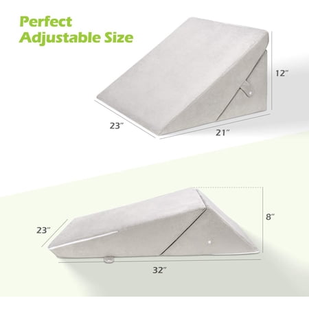 Bed Wedge Pillow, 8&12 Inch Adjustable Memory Foam Sleeping Pillow Folding Incline Cushion System for Legs with Washable Removable Cover - Back Pain, Snoring, Acid Reflux, Reading