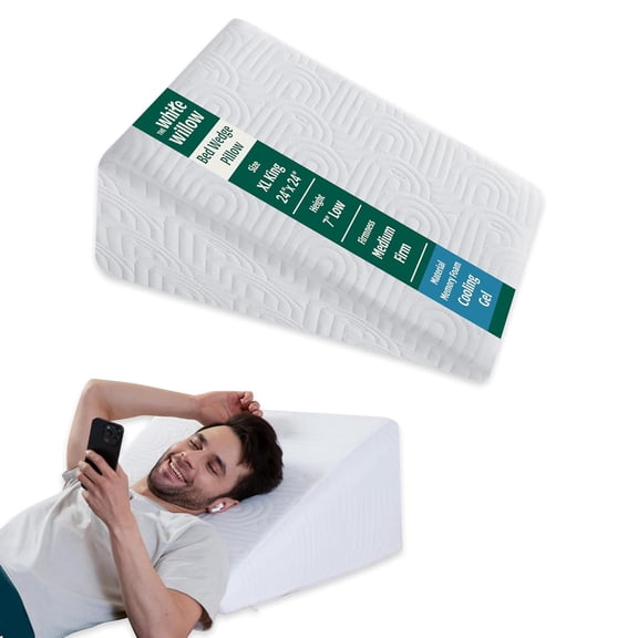 Bed Wedge Pillow Cushion, For Back Support & Sleeping, White - XL King Size - 24 L X 24 W X 7 H Inch | Acid Reflux, Gerd, Post Surgery, Leg Elevation | Cooling Gel Infused Memory Foam Pillow