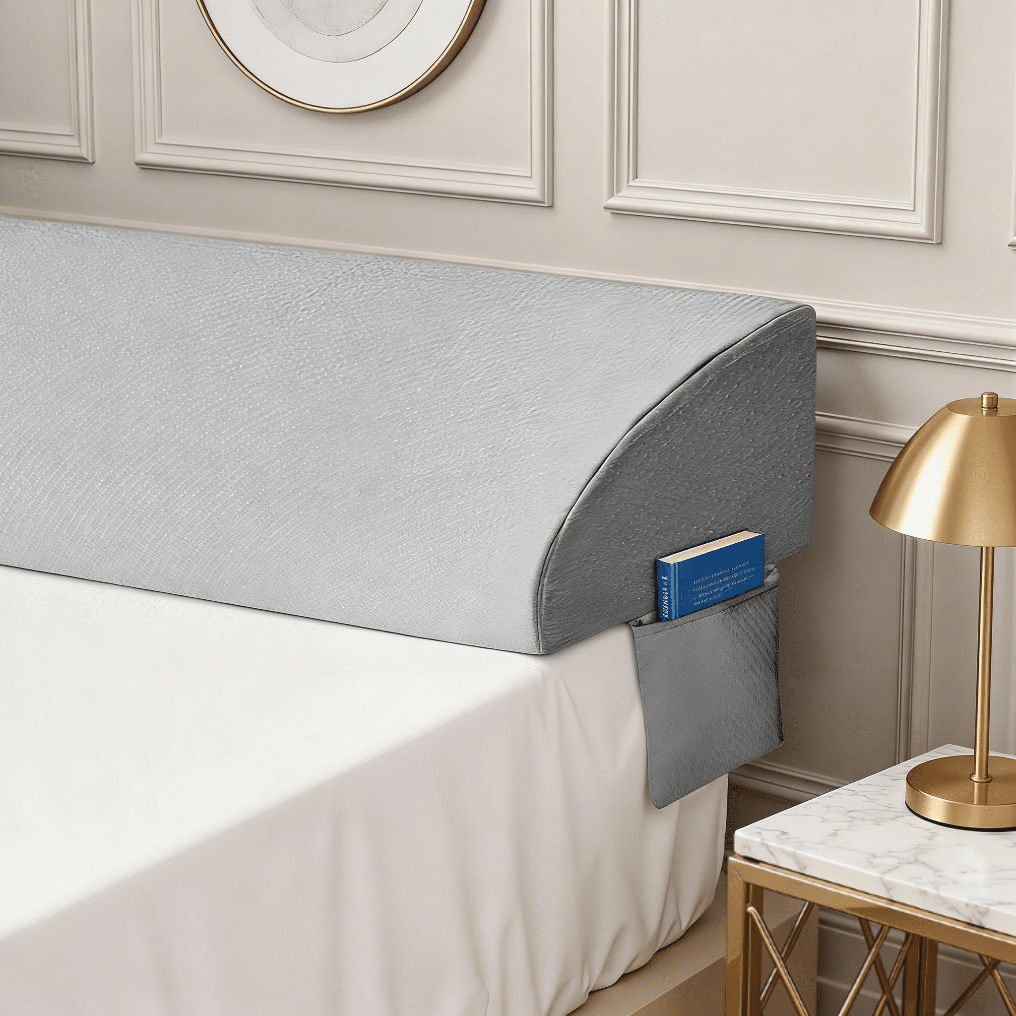 Bed Wedge Pillow for Headboard, High-Density Foam Fills Gaps Between Mattress and Headboard, Queen Size Wedge Pillow with Side Pockets for Phone and Remotes, Removable Washable Cover