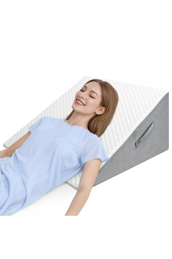 Bed Wedge Pillow, Soft Foam Triangle Pillow for Sleep Apnea, Acid Reflux, Snoring, 12Inch Leg Elevation, Back Support for Sitting Up in Bed, Incline Cushion for Sleeping, Reading, White/Grey