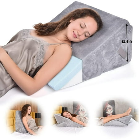 Bed Wedge Pillow, Multipurpose Adjustable Leg Support Pillow, Machine Washable Soft Plush Cover with Handle, Memory Foam Top - GRAY