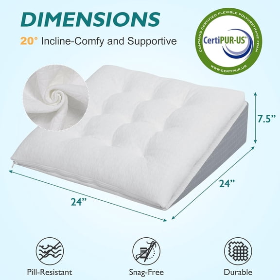 Bed Wedge Pillow for Sleep Apnea 7.5Inch Gerd Pillow Patent Dual Layer Triangle Pillow Adjustable Shredded Memory Foam Topper Soft Support Ideal for Acid Reflux, After Surgery, Snoring
