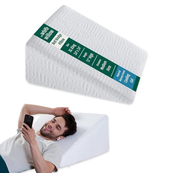 Bed Wedge Pillow For Sleeping, Back Support Pillow, White - XL King Size - 24 L X 24 W X 12 H Inch | For Acid Reflux, Post Surgery, Leg Elevation | Cooling Gel Infused Memory Foam Pillow