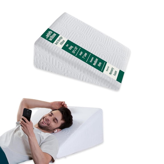 Bed Wedge Pillow For Sleeping, Leg Elevation Memory Foam Pillow, King Size - 20 L X 20 W X 7 H Inch | Low Height, White Pillow With Removable Cover | For Head, Shoulders, Neck Pain Relief