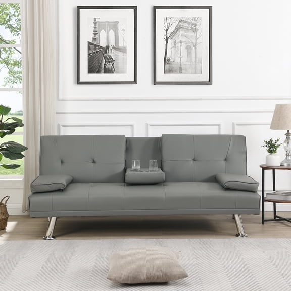 Bed With Armrest, Grey Leather Look, Stainless Leg, 38.98in Package Width, Stylish For All Areas Armrest Bed, Stable And , Fits Any Decor