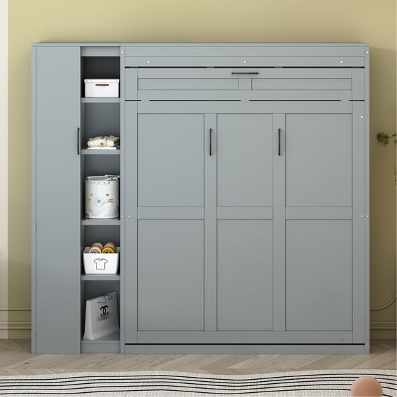 Bed With Led Lights, Shelves, Wardrobe - Gray For Space Optimization Saving In Functional Wardrobe,