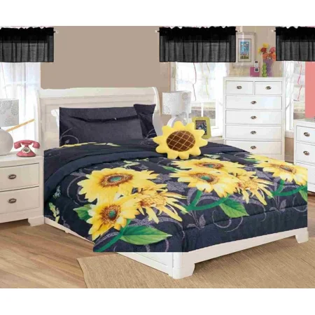 Twin Size 6-Piece Bedding Set Soft Sunflower Black Print with Toy Pillow & Colorful Sheets