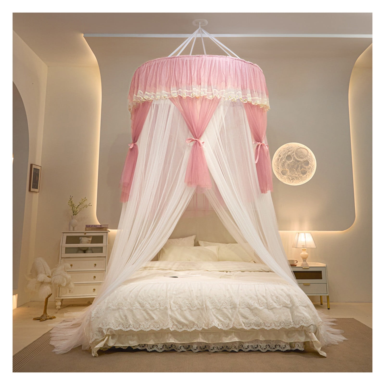 Bed canopy with metal frame, 4 corner posts bed canopy, bed curtain mosquito net, lace double layer curtain, dustproof, for bedroom decoration