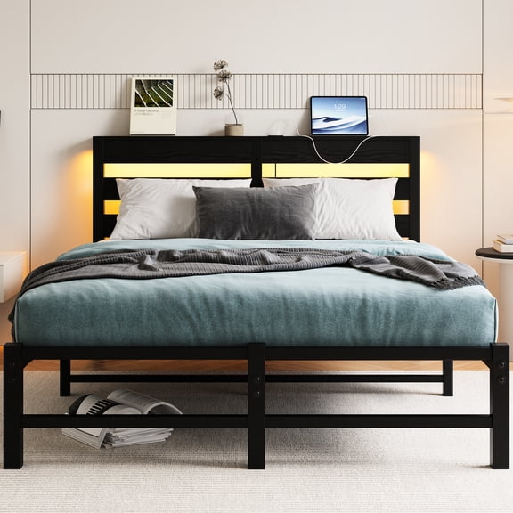 Bed frame with 12 scene RGB lights | For a fun and relaxing bedroom, with a storage shelf for essentials | Experience a bed frame with adjustable speed and brightness