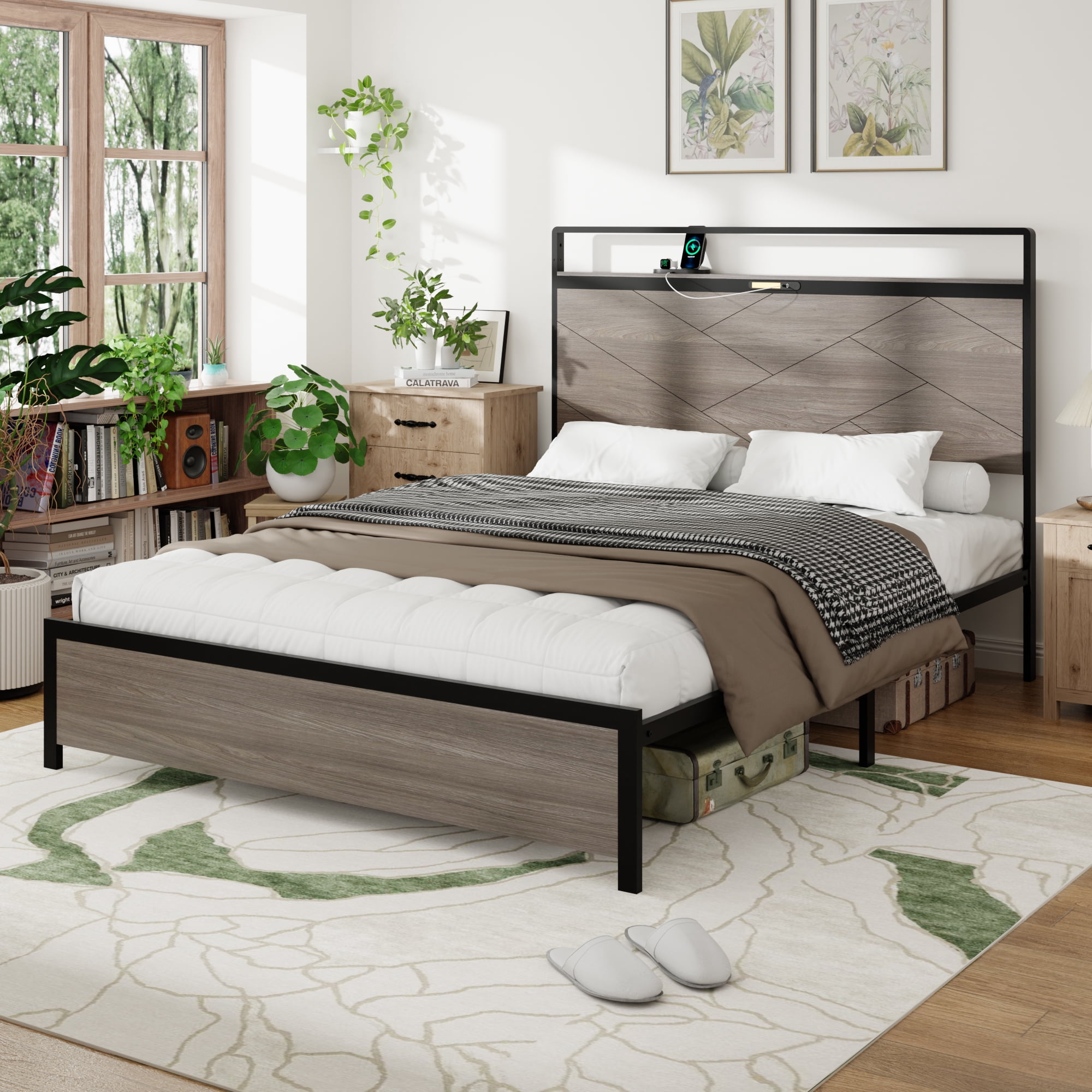 Bed frame queen size, wooden platform bed frame with storage LED light headboard and 2 USB, no noise, no spring mattress required and simple assembly tools, large underbed storage,Antique Grey