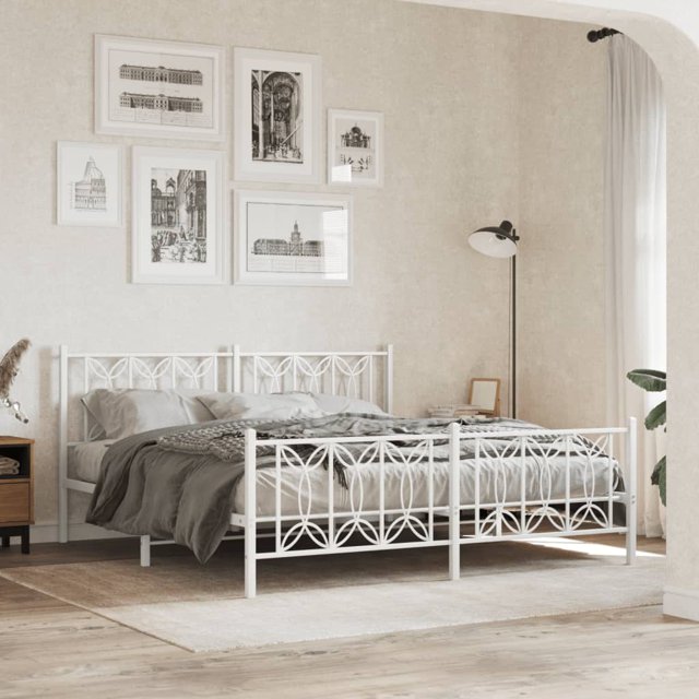 Bed frame with head and footboard metal white 183x213 cm