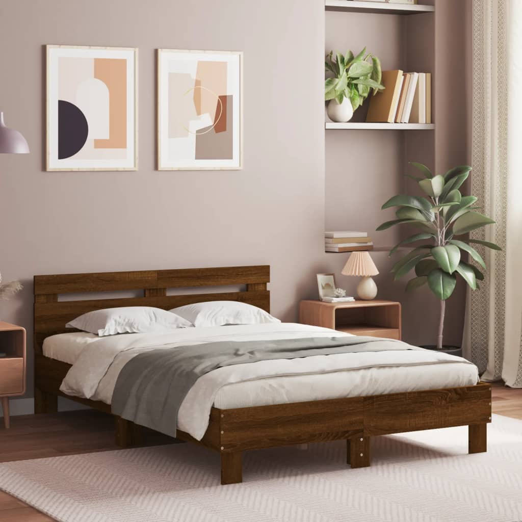 Bed frame with headboard LED lighting brown oak look