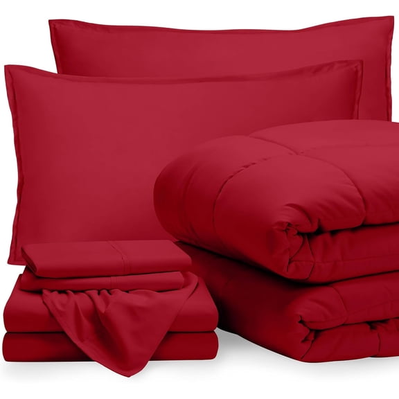 Bed-in-A-Bag 7 Piece Comforter & Sheet Set - Full - Goose Down Alternative - Ultra-Soft 1800 Premium - Bedding Set (Full, Red/Red)