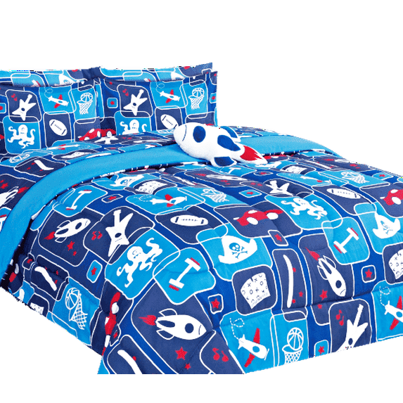 Bed in Bag bedding comforter set of 6 piece in twin size game player turquoise print design supersoft for girls, boys room décor
