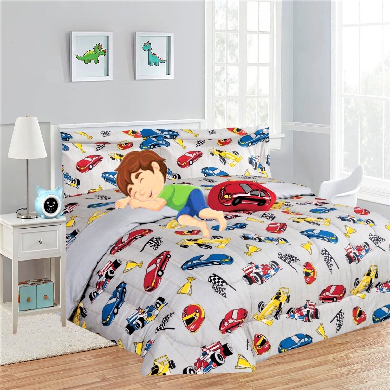 Walmart Twin Size 6 Piece Bed in a Bag Comforter Set Supersoft Race Cars Red Print Design for Boys and Girls Room Decor Walmart