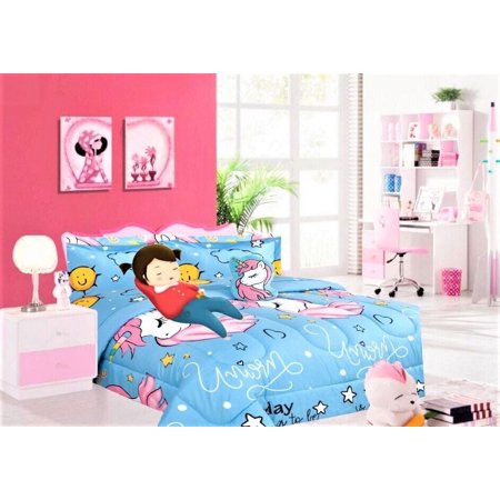 Bed in Bag bedding comforter set of 6 piece in twin size unicorn #4 sky blue print design supersoft for girls, boys room décor