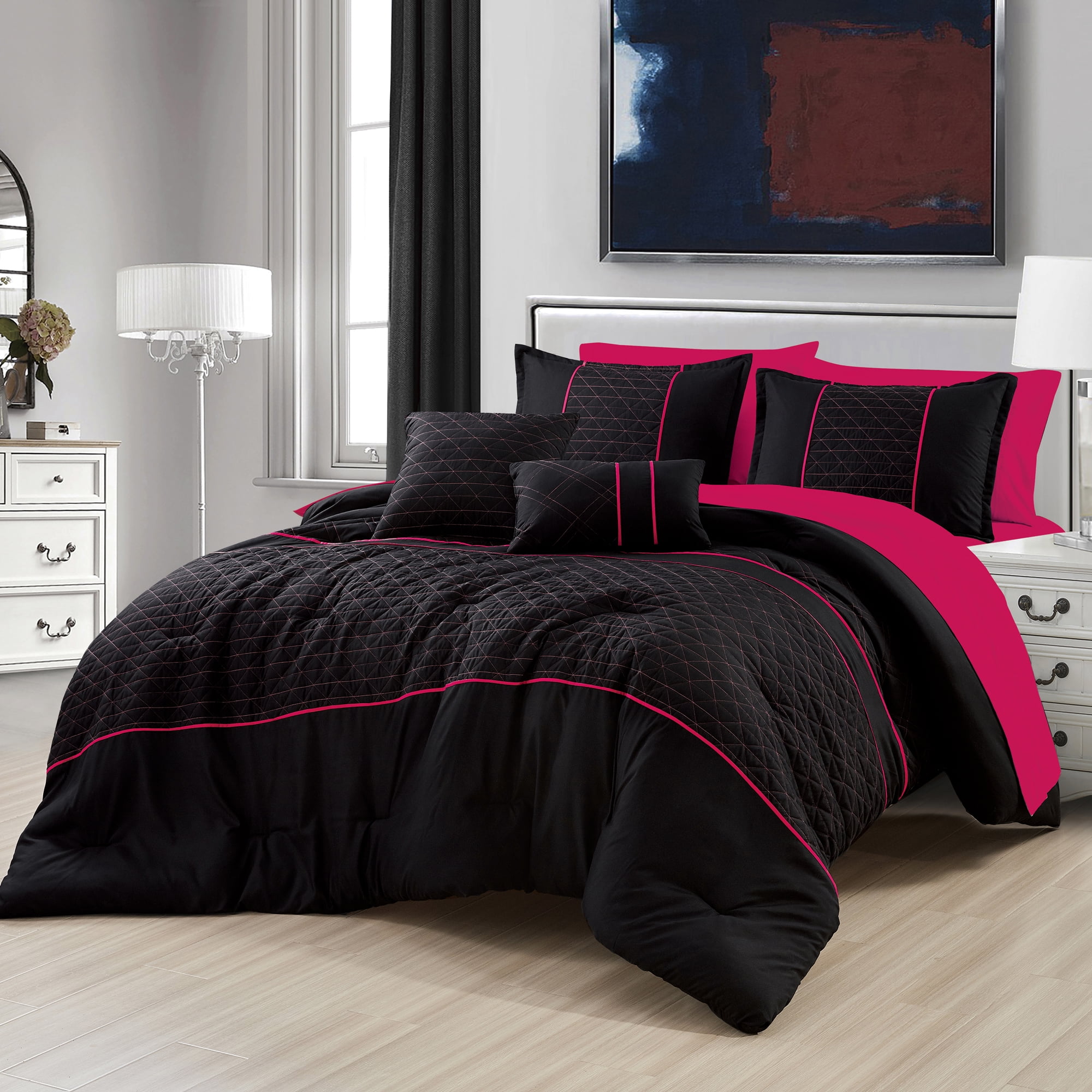 9-pieces Black Pink Comforter and Sheet Set, Bed in Bag Pink Bedding ...