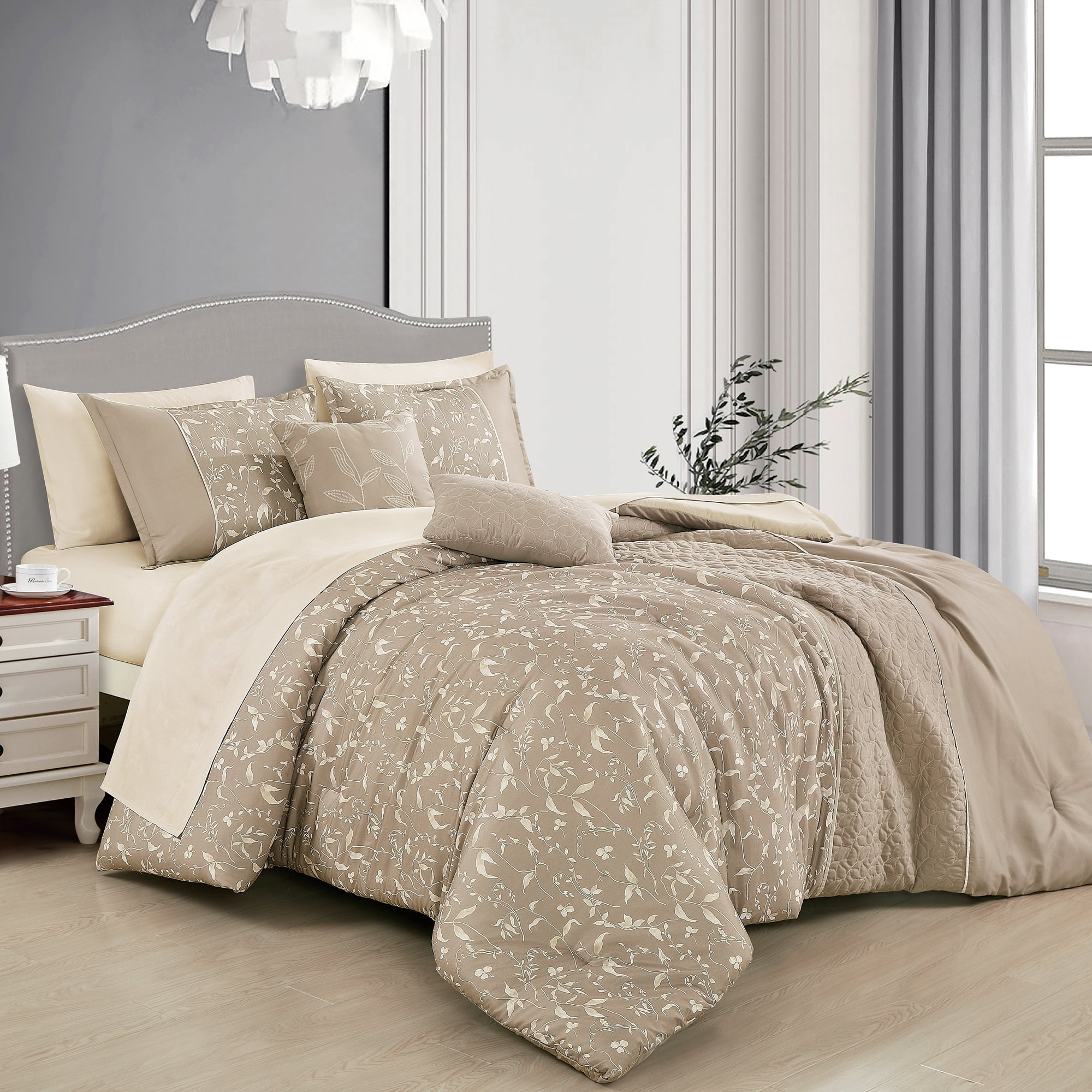 Bed-in-a-Bag 9-pieces Prochora Floral Taupe Comforter and Sheet Set ...