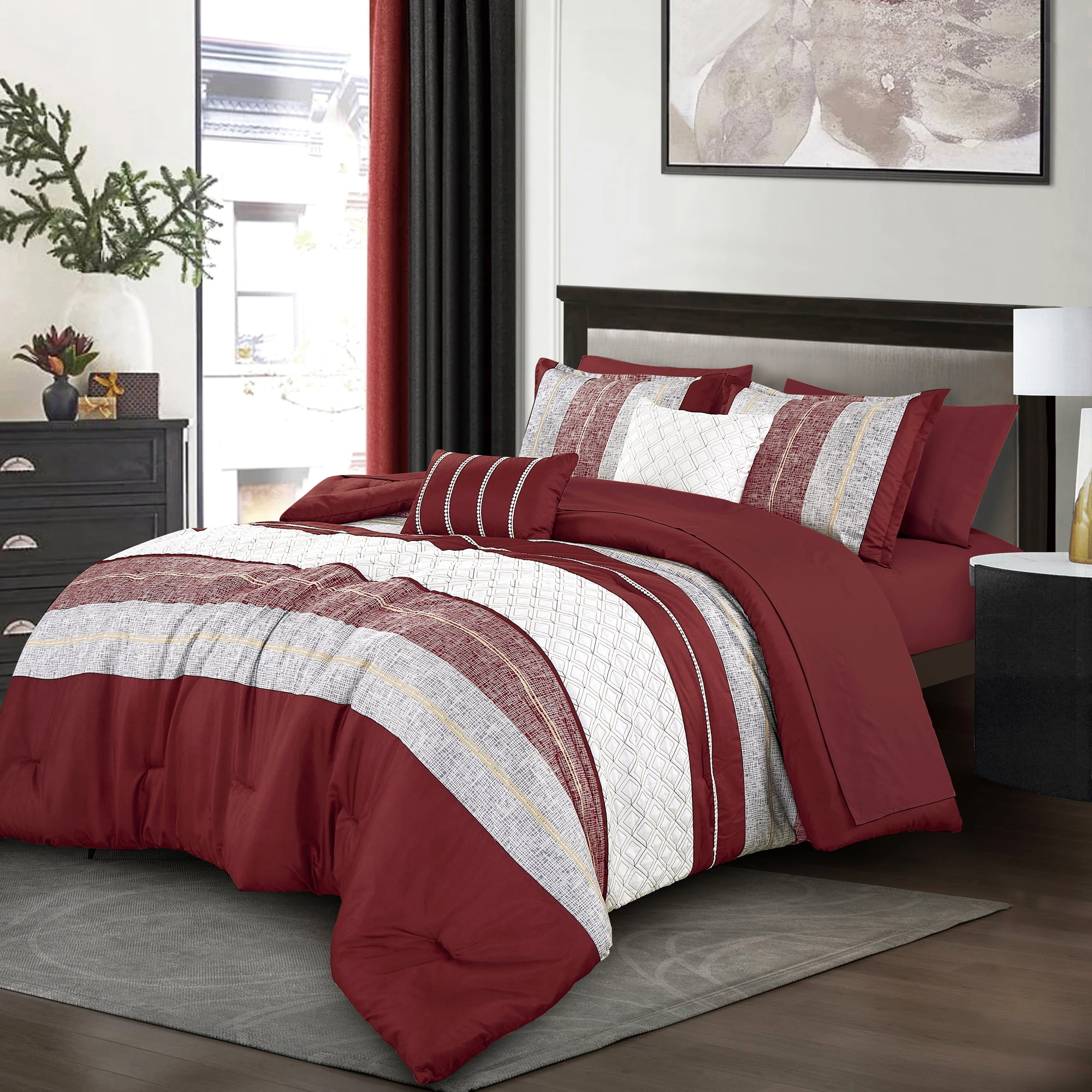 King Size Red and White Cotton Bed-in-a-Bag Set
