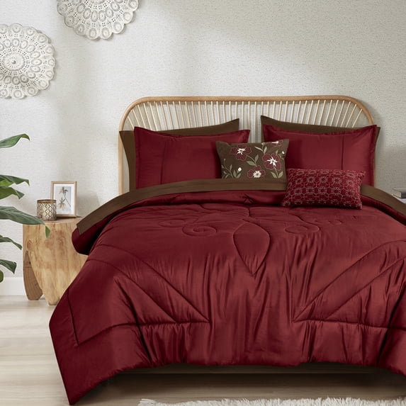 Bed-in-a-Bag 9-pieces Umay Floral Burgundy Comforter and Sheet Set Queen Size Brown Bed in Bag
